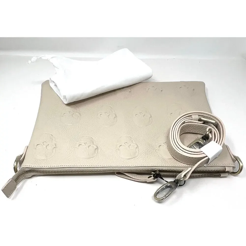 IO PELLE Italia Skull Embossed Leather Crossbody Bag Clutch Lt. Beige 14x10
